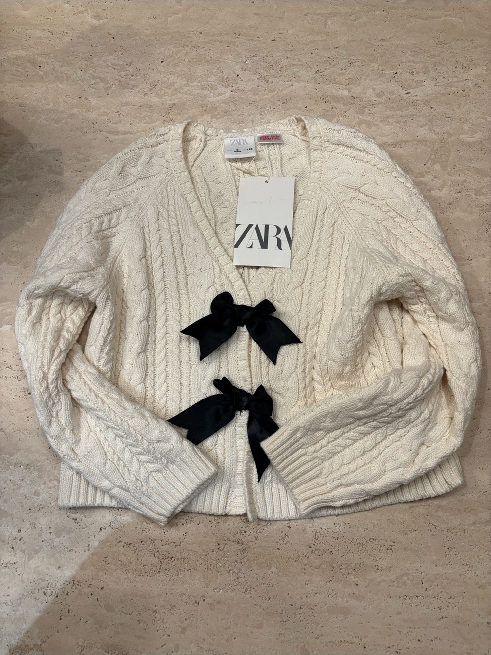 NWT Zara Kids Cream Cable-Knit Cardigan with Black Ribbon Bows